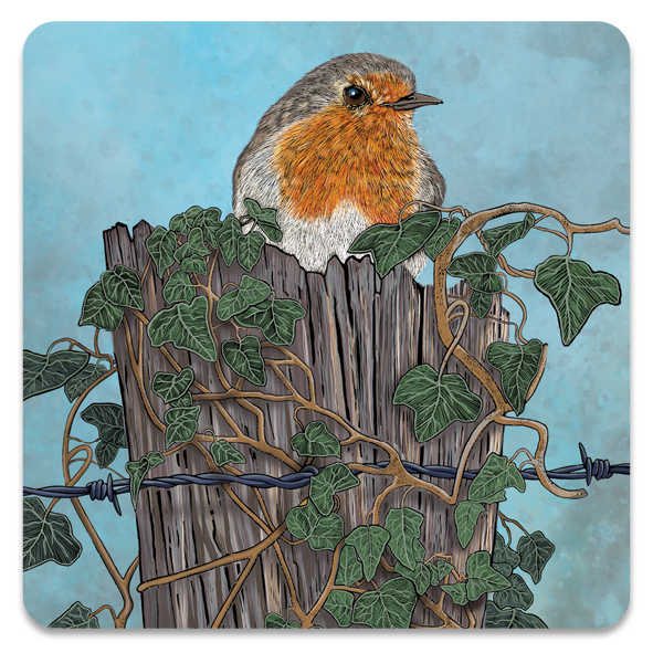 Robin coaster by fox and boo, robin is perched on a tree stump which is covered in ivy and barbed wire.