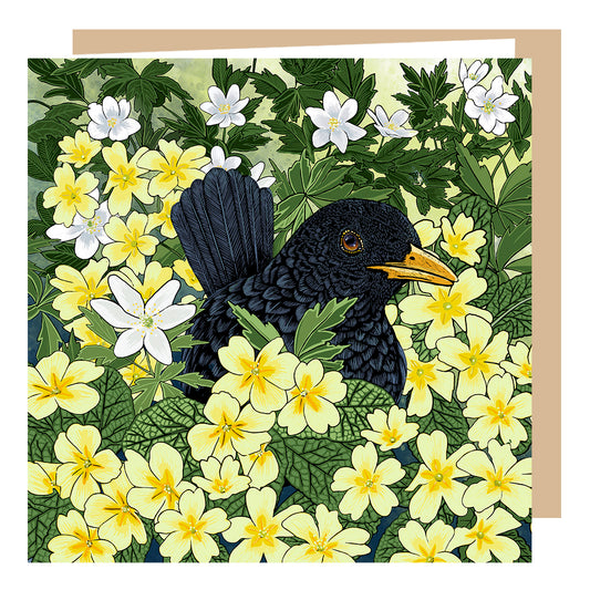 Greeting card by Fox and Boo, featuring lovely Blackbird sitting amongst primroses and wood anenome