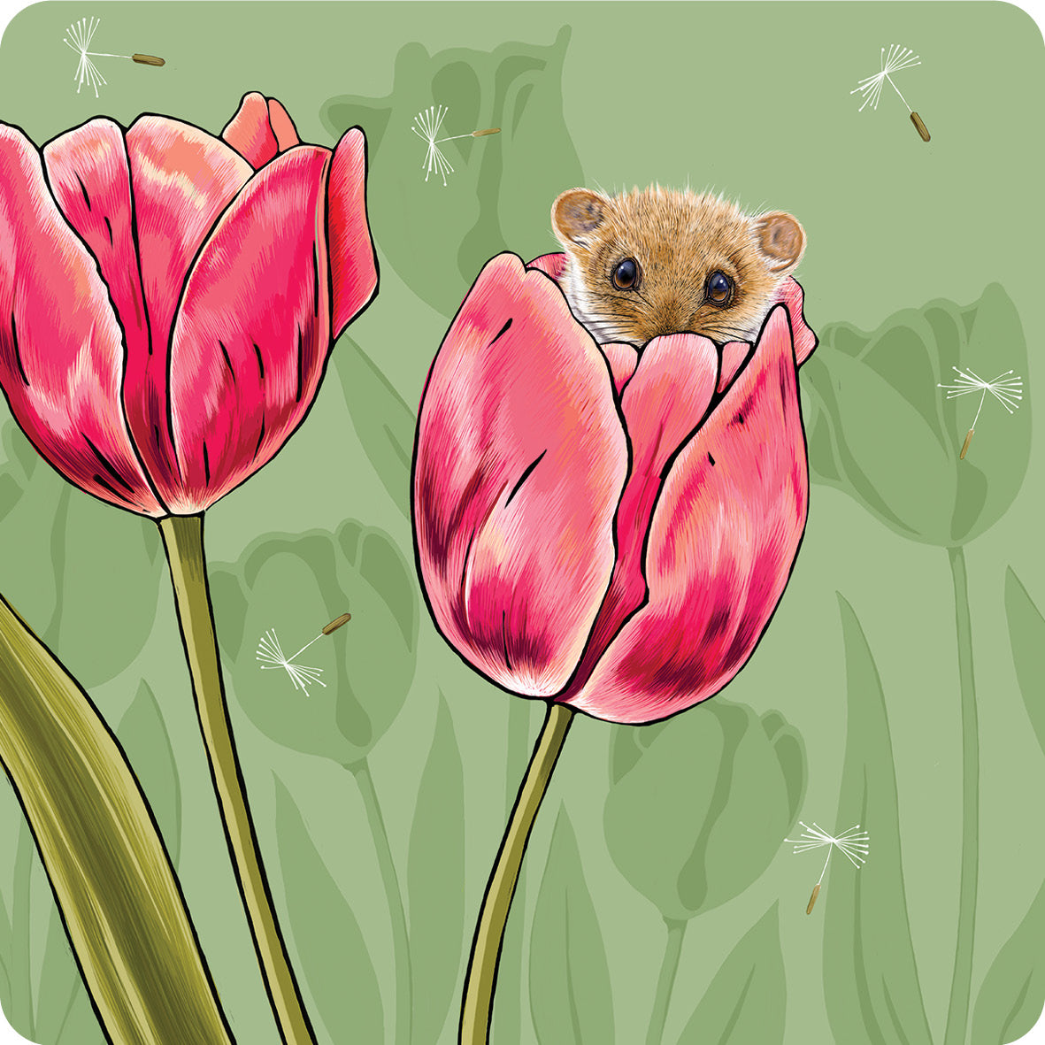 Gorgeous Dormouse and tulips coaster, Dormouse is sitting in tulip and peeking over the edge, design by Fox and Boo