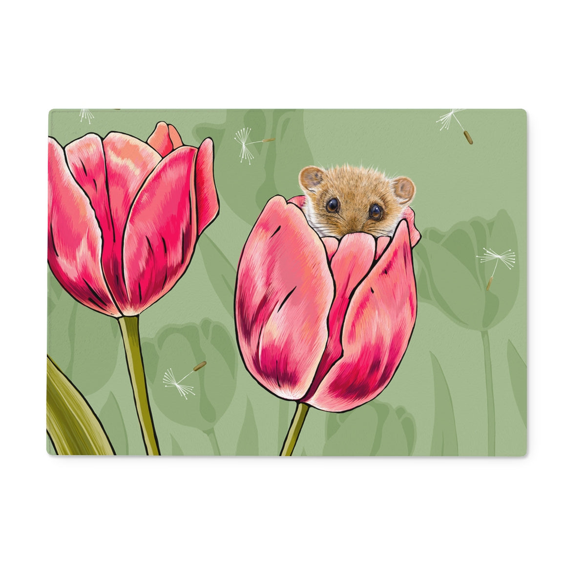 Gorgeous dormouse and tulips glass chopping board, dormouse is sitting in tulip and peeking over the edge, design by Fox and Boo