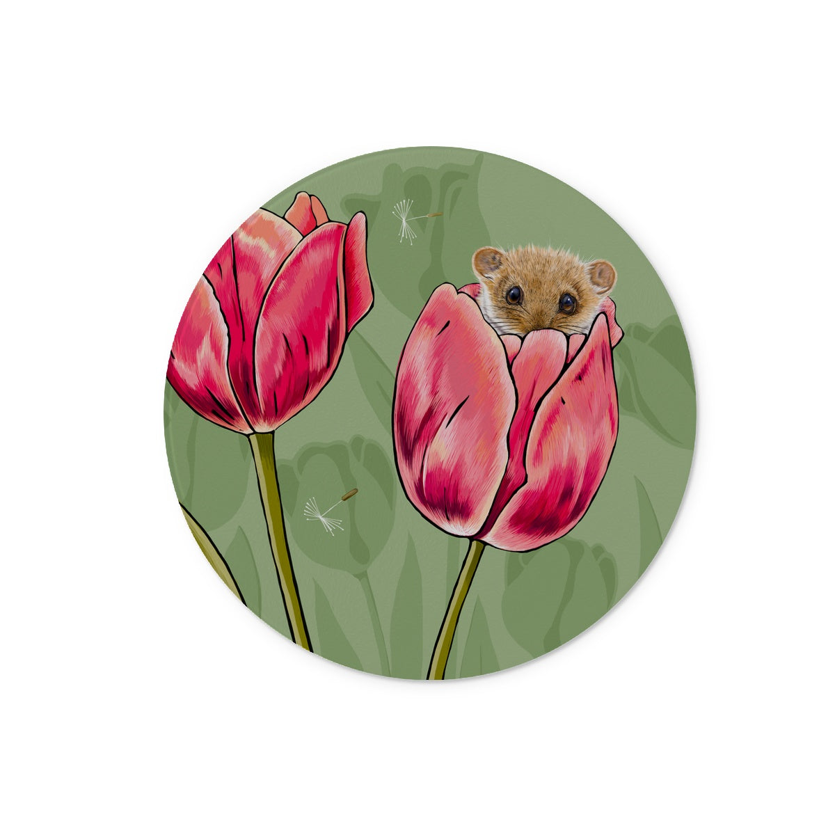 Gorgeous dormouse and tulips glass chopping board, dormouse is sitting in tulip and peeking over the edge, design by Fox and Boo