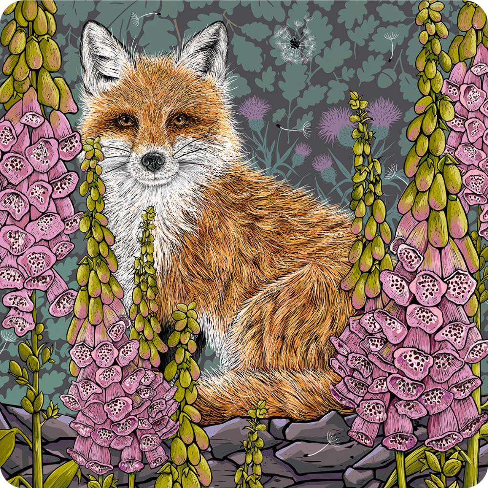 This fox is set back and seated and partially hidden, in the foreground there are foxgloves of different sizes, the back ground is comprised of stylised oak leaves and thistles.