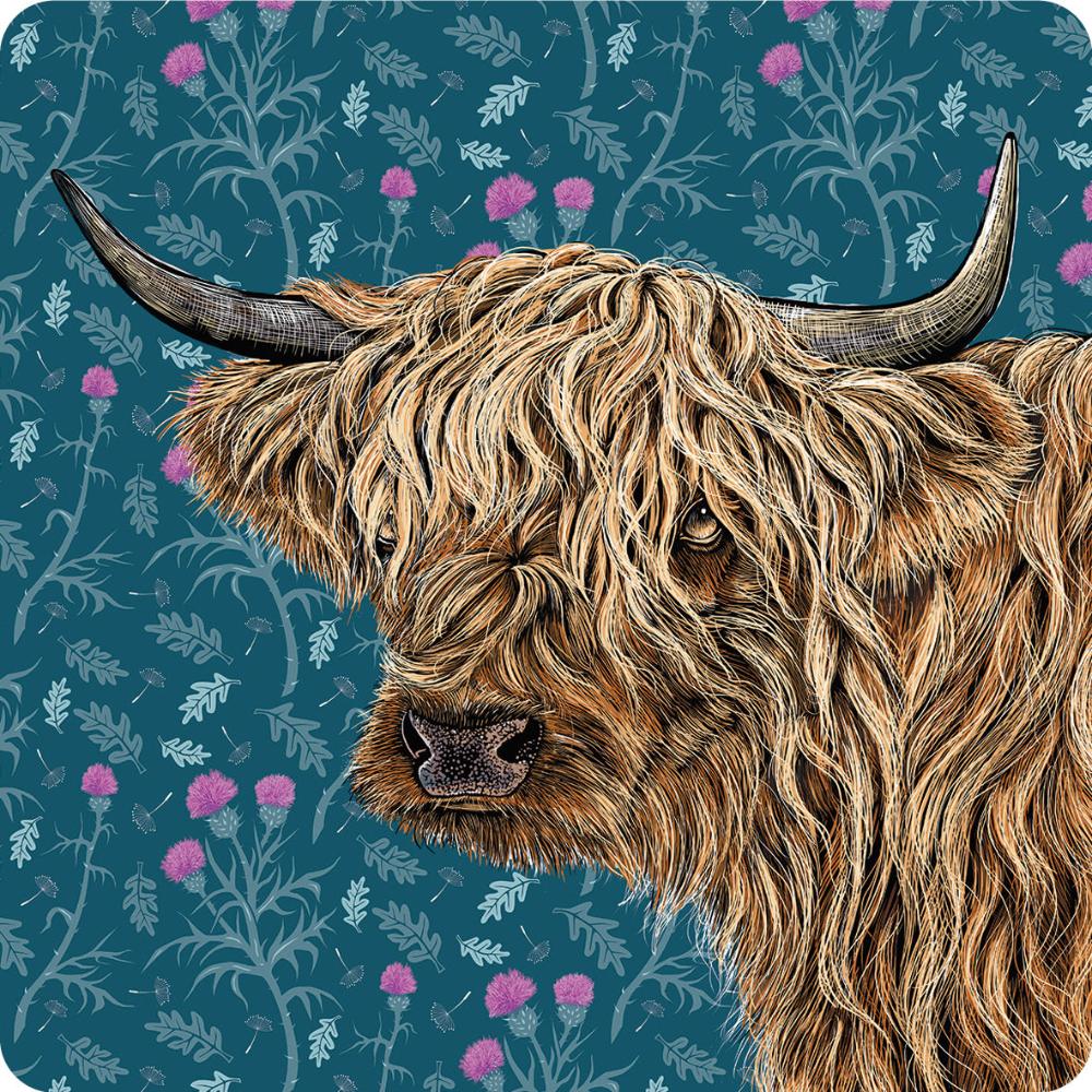 This coaster design features a portrait of a highland cow, the background is a stylised repeat pattern of oak leaves, thistles and dandelion puffs, on a deep ocean blue background.