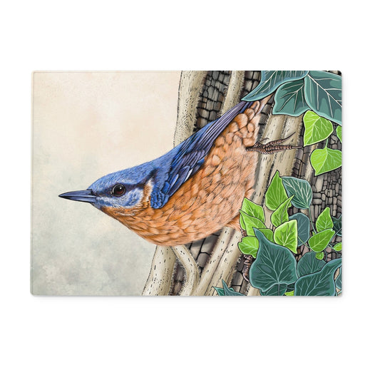 This design features a beautifully illustrated nuthatch creeping down a tree trunk surrounded in ivy, illustrated by fox and boo.