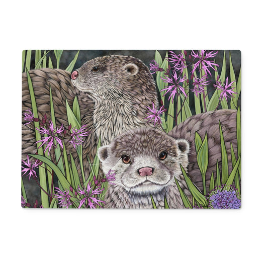 Illustration features 2 otters on a dark background, surrounded with rushes, marsh flowers and pink ragged robin.