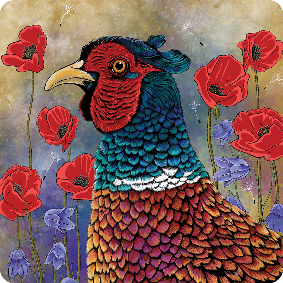 This design depicts just the head of a pheasant, the colours are really vibrant. The background is covered in red poppies and delicate lilac blue harebells and dandelion puffs.