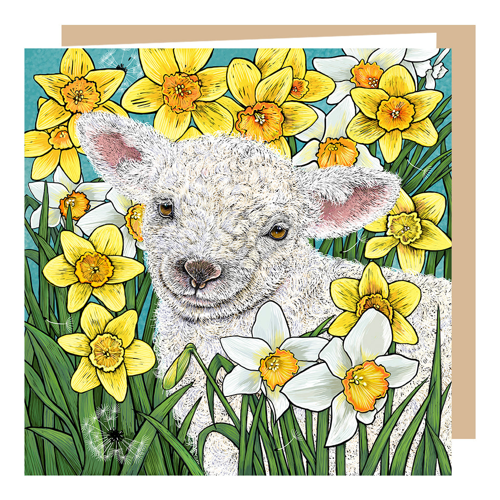 Lamb greeting card, surrounded by spring daffodils, designed by fox and boo