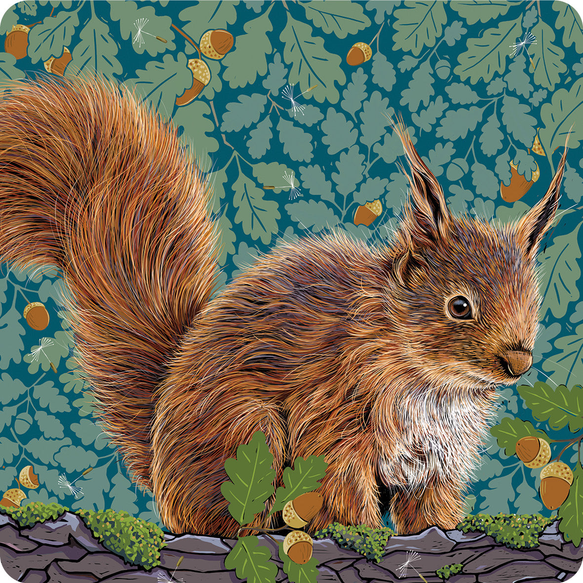 This coaster design features a red squirrel illustration, with oak leaves, acorns and a stylised oak leaves background with a few dandelion puffs.