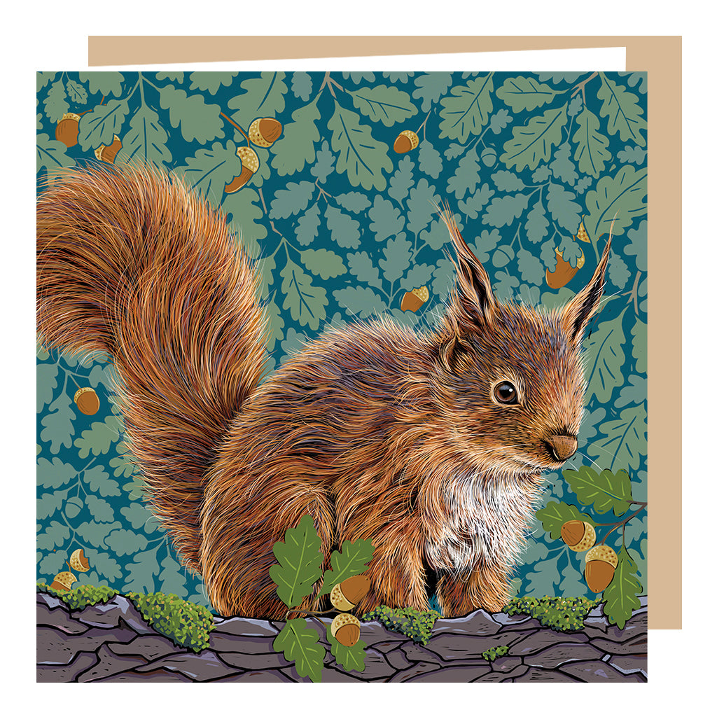 Red squirrel with oak leaves greeting card by fox and boo