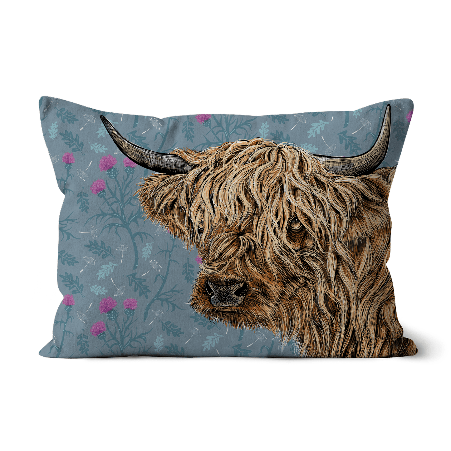 Image of Highland Cow Cushion with Scottish Thistles, Oak leaves and Dandelion Puffs