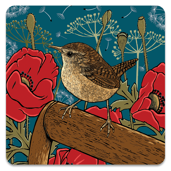 This design features a little wren perched on the corner of an old garden spade, surrounded by stylised red poppies, cow parsley and dandelion puffs.