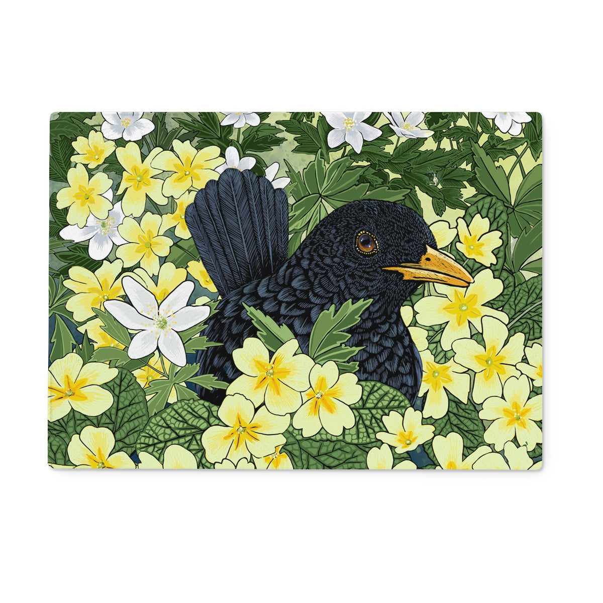 The blackbird is partially hidden in this design, it is peeping out from behind dozens of yellow primroses and wood sorrel.