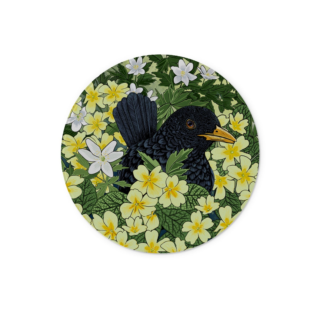 The blackbird is partially hidden in this design, it is peeping out from behind dozens of yellow primroses and wood sorrel.