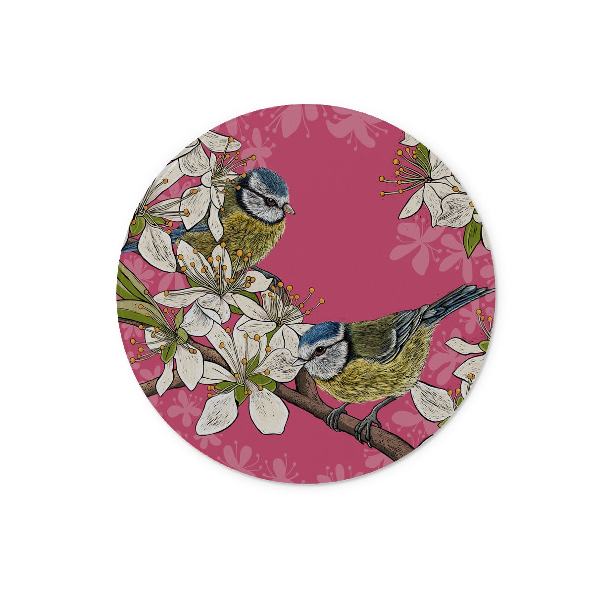 This design from Fox and Boo depicts two cute blue tits perched on stems of a hawthorn blossom tree, background is deep pink.