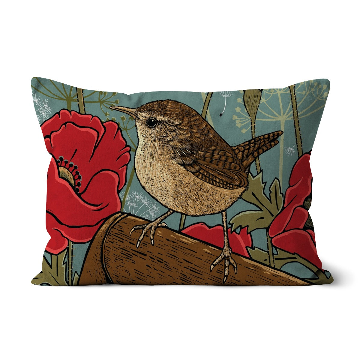 Poppies and Wren Cushion: Cute little wren perched on spade, poppies surround