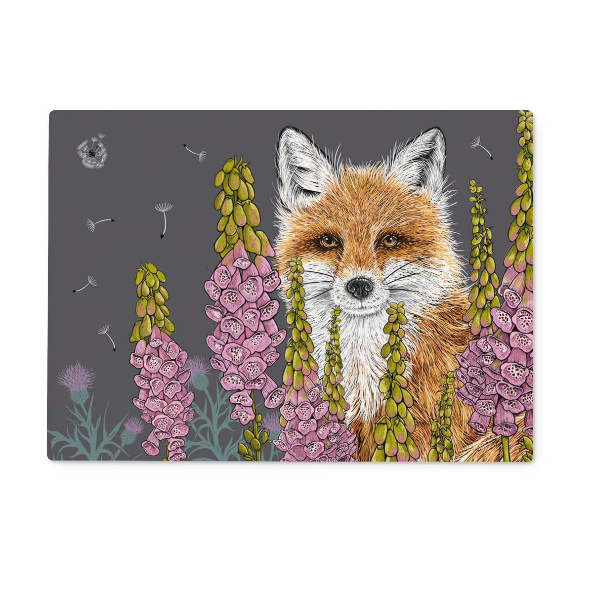 Whimsical fox surrounded by pink foxgloves, thistles and dandelion puffs on a dark but warm grey background.