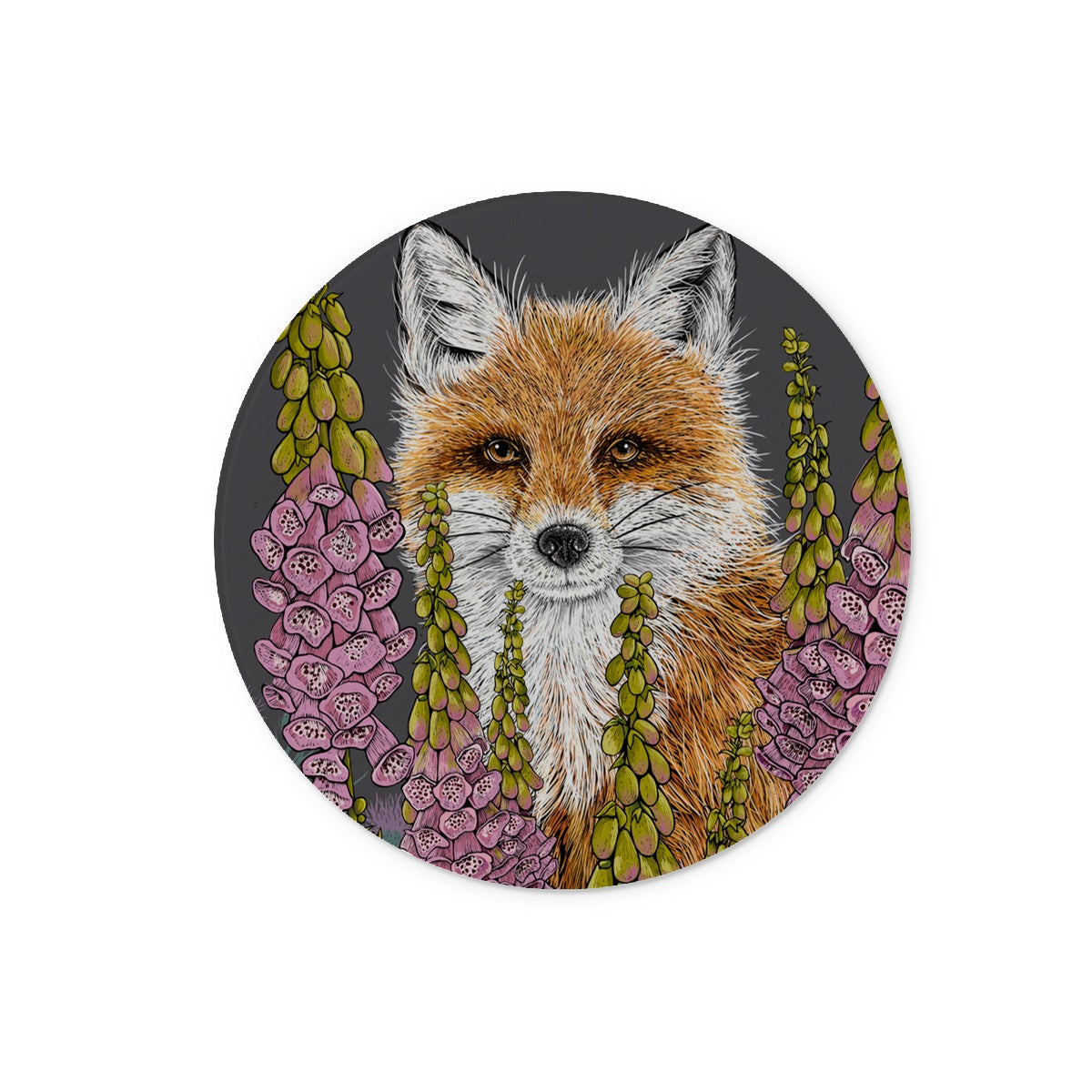 Whimsical fox surrounded by pink foxgloves, thistles and dandelion puffs on a dark but warm grey background.