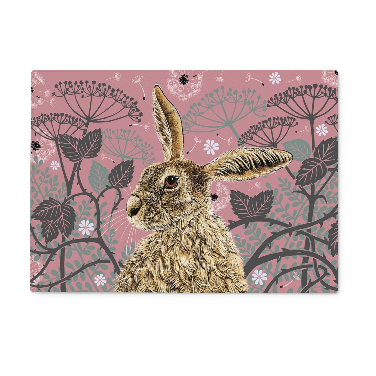 This worktop saver design features a hare portrait with one floppy ear, around the hare are stylised brambles, leaves, cow parsley and dandelion puffs, background colour is an antique rose pink.