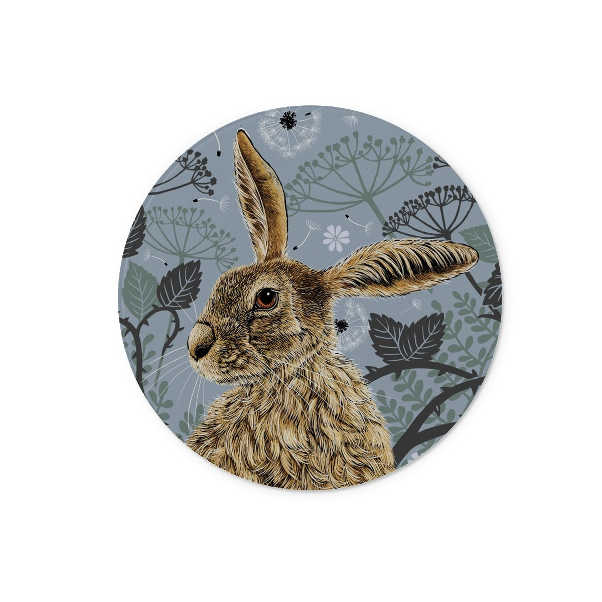 This coaster design features a hare portrait with one floppy ear, around the hare are stylised brambles, leaves, cow parsley and dandelion puffs, background colour is a blue  grey.