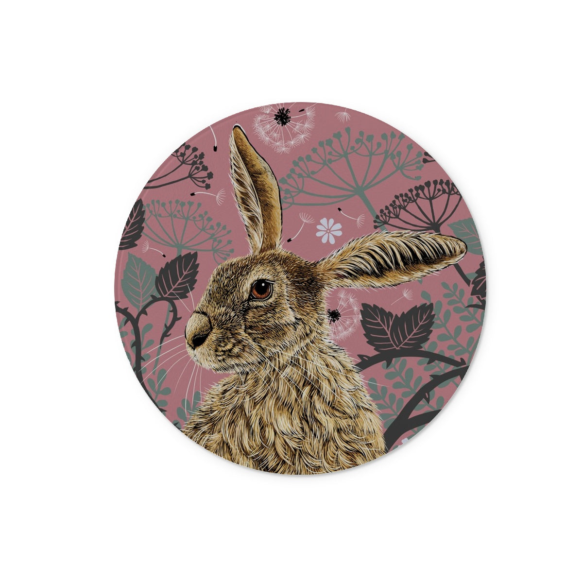 This worktop saver design features a hare portrait with one floppy ear, around the hare are stylised brambles, leaves, cow parsley and dandelion puffs, background colour is an antique rose pink.