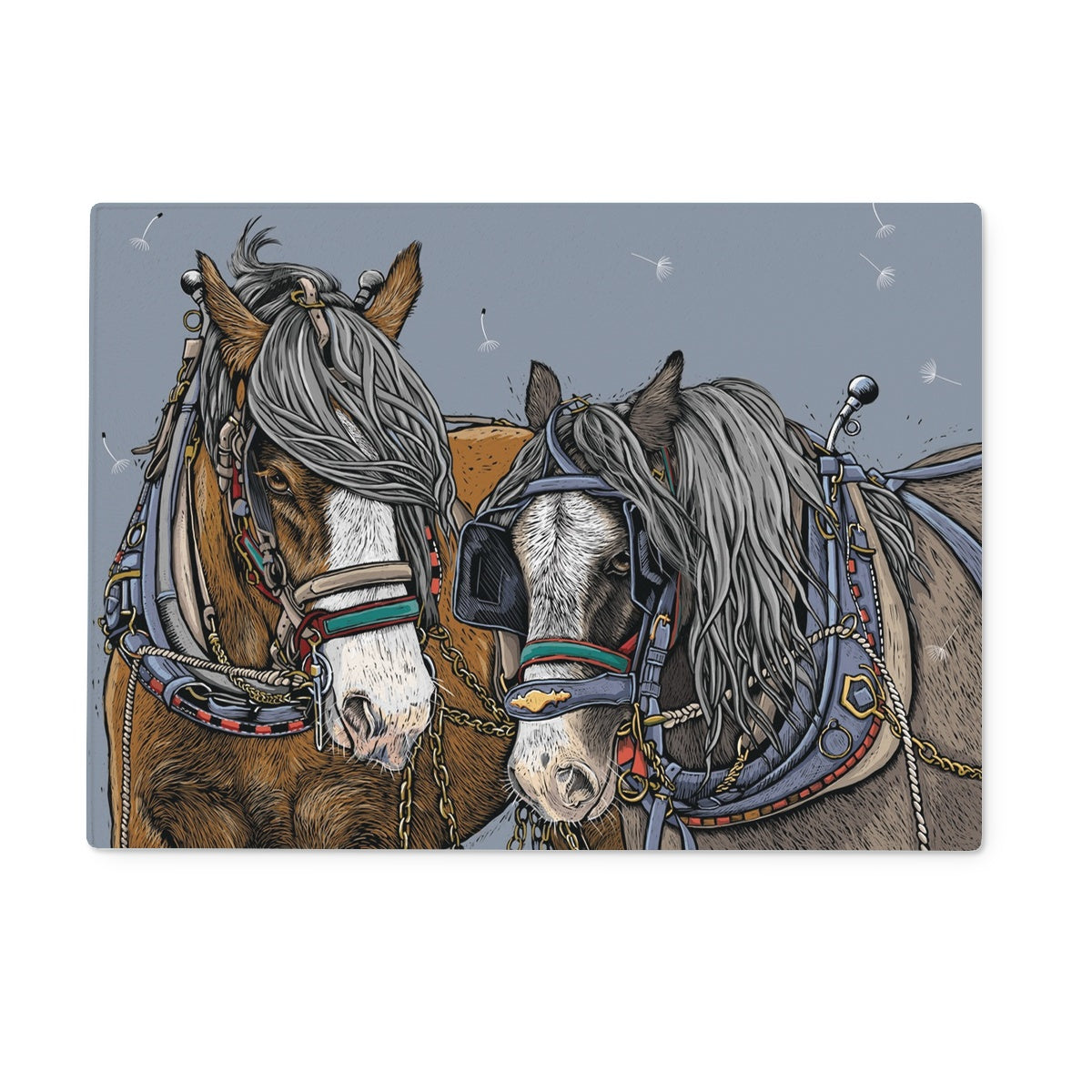 Two brown shire horses in harness, dark grey background and signature dandelion puffs.