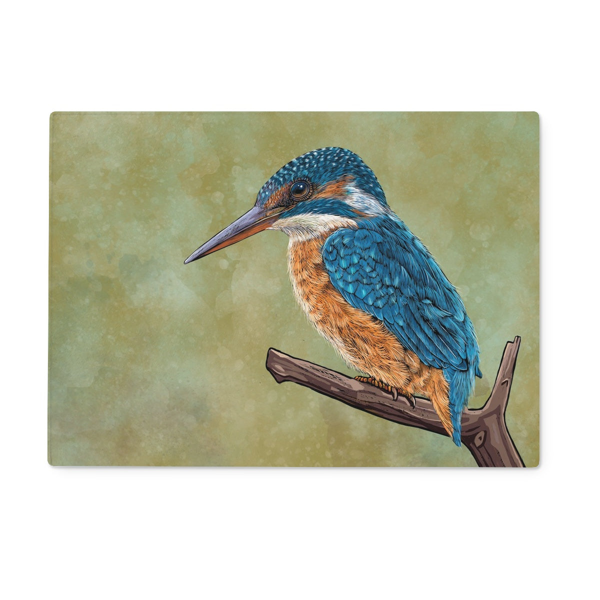 A stunning kingfisher illustration adorns this glass chopping board;  kingfisher is sat on a perch amongst bullrushes, with a watercolour mossy background.