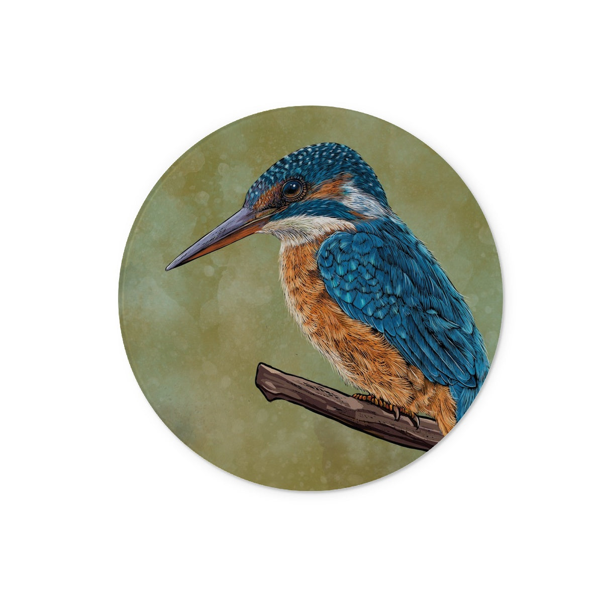 A stunning kingfisher illustration adorns this glass chopping board;  kingfisher is sat on a perch amongst bullrushes, with a watercolour mossy background.