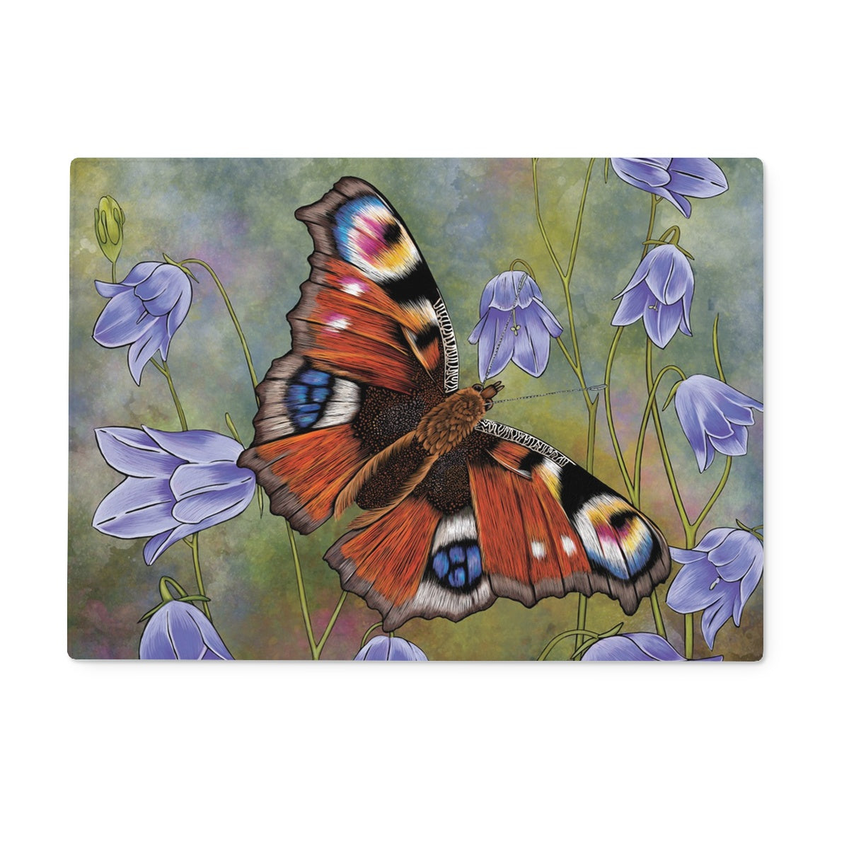 Stunning detailed illustration of a peacock butterfly with delicate lilac blue harebells in the background.