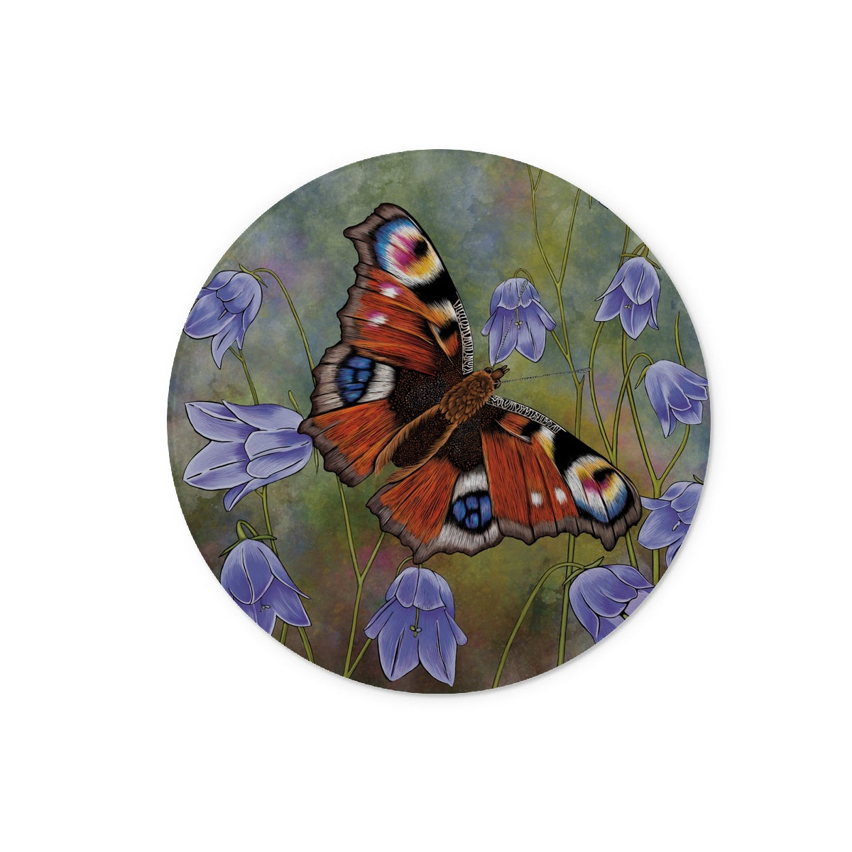 Stunning detailed illustration of a peacock butterfly with delicate lilac blue harebells in the background.