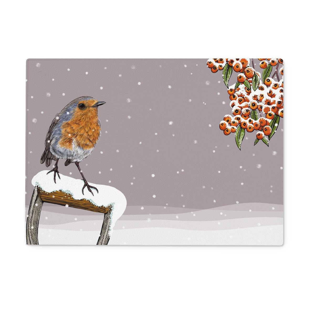 Cute robin stands on a snow covered spade handle to the left hand side, to the top right corner: snow covered rowan berries, clay coloured background and snowflakes, a winter scene.