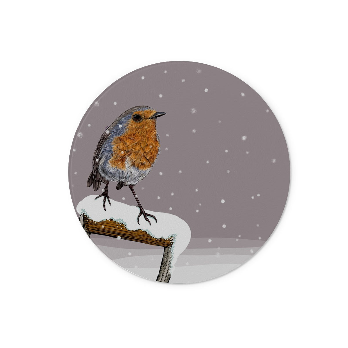 Cute robin stands on a snow covered spade handle to the left hand side, clay coloured background and snowflakes, a winter scene.